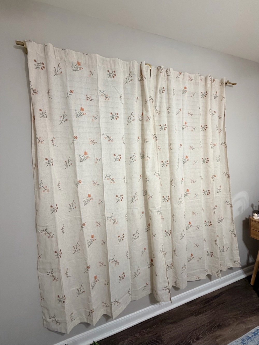Floral Embroidered Linen Curtain Panel in Cream